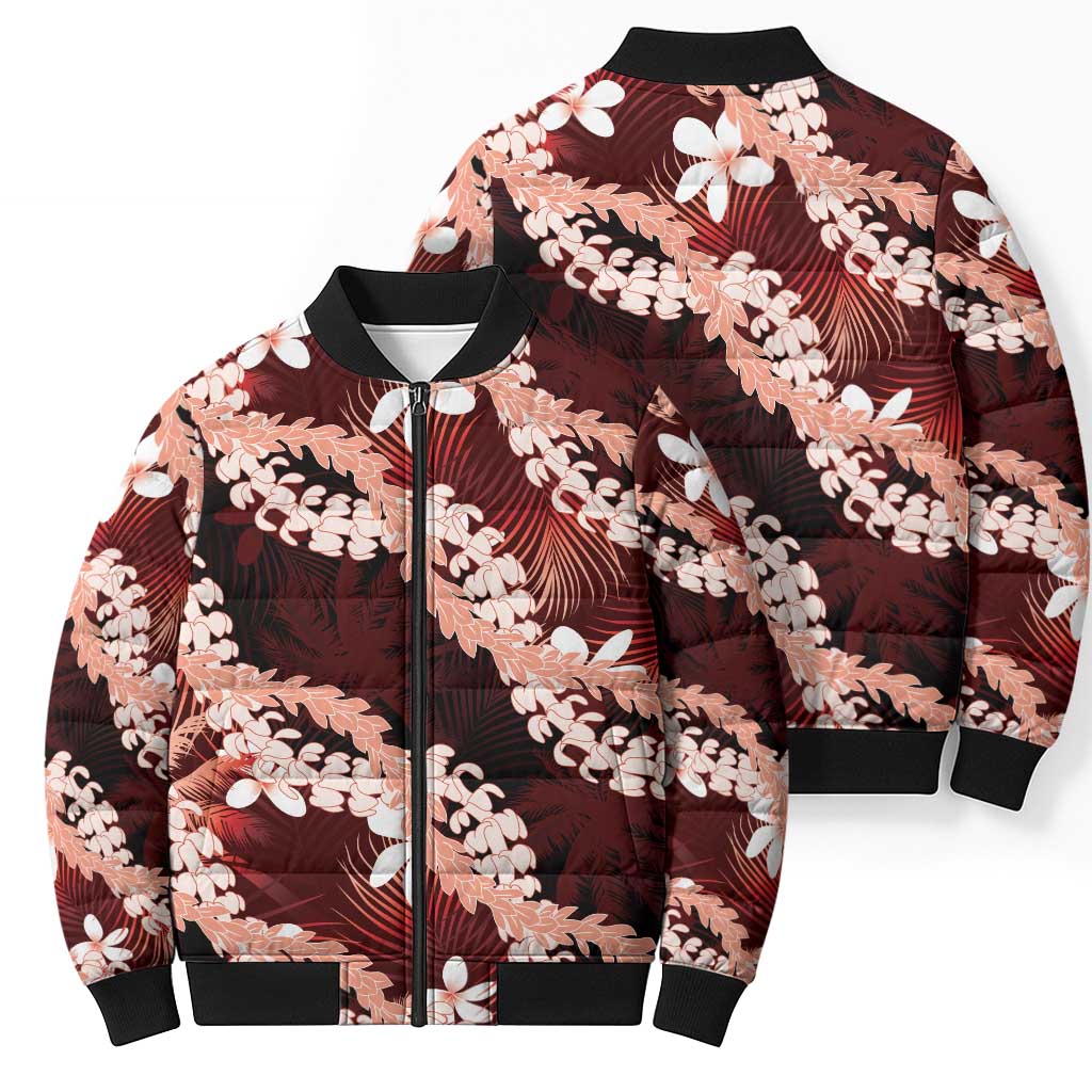 Puakenikeni Maile Lei Bomber Puffer Jacket Frangipani Red Tropical Leaves LT01 - Polynesian Pride
