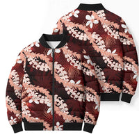 Puakenikeni Maile Lei Bomber Puffer Jacket Frangipani Red Tropical Leaves LT01 - Polynesian Pride
