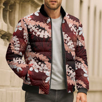 Puakenikeni Maile Lei Bomber Puffer Jacket Frangipani Red Tropical Leaves LT01 - Polynesian Pride