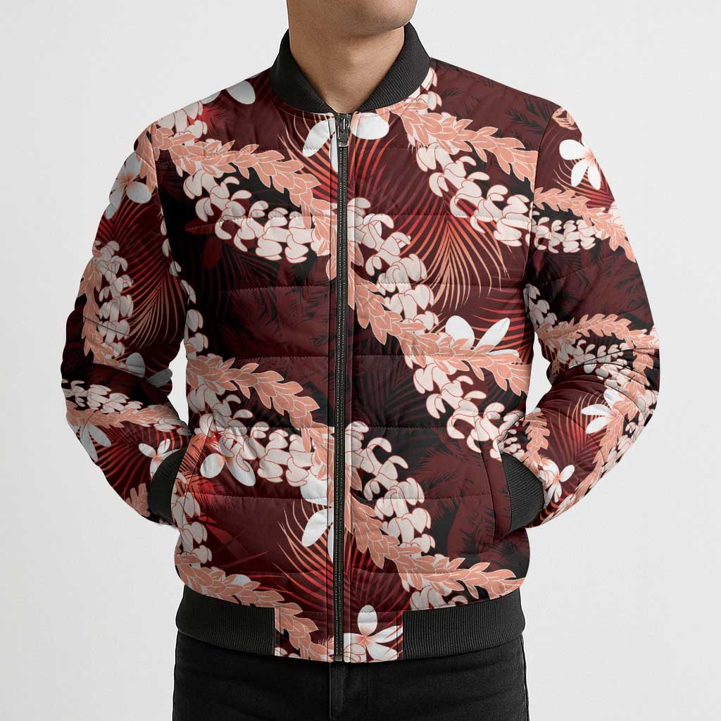 Puakenikeni Maile Lei Bomber Puffer Jacket Frangipani Red Tropical Leaves LT01 - Polynesian Pride