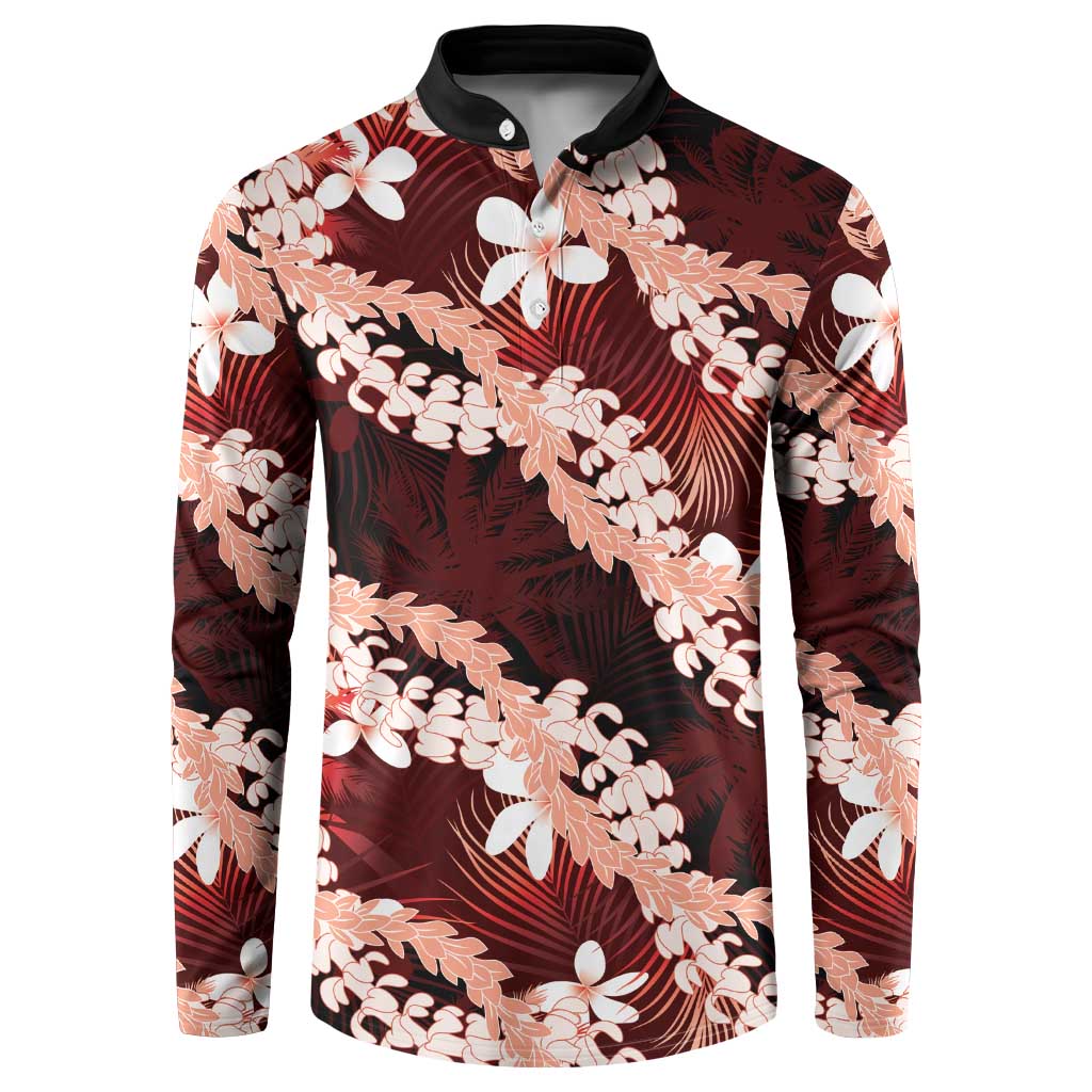 Puakenikeni Maile Lei Button Sweatshirt Frangipani Red Tropical Leaves