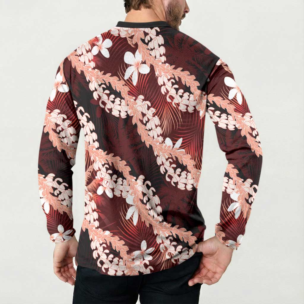 Puakenikeni Maile Lei Button Sweatshirt Frangipani Red Tropical Leaves LT01 - Polynesian Pride