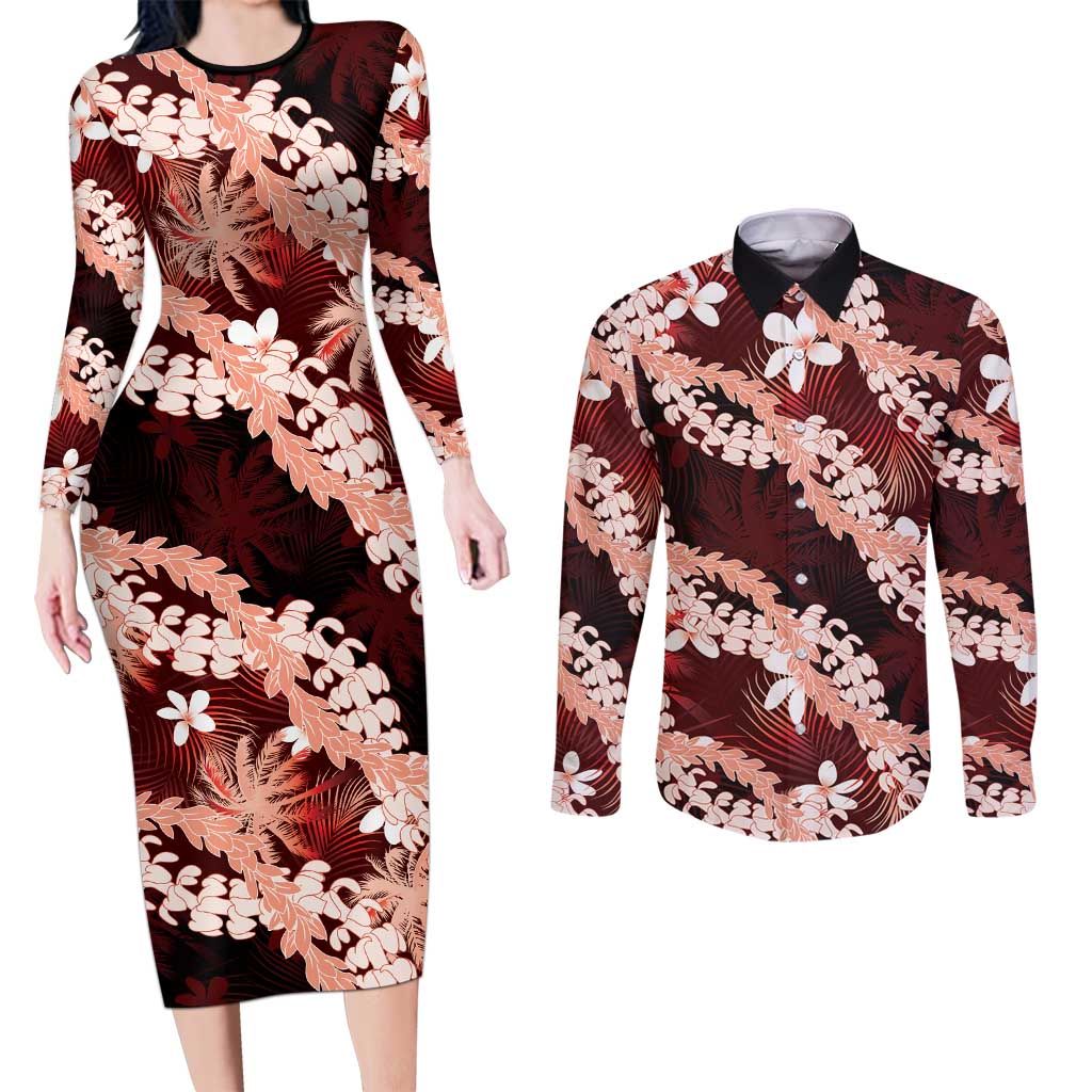 Puakenikeni Maile Lei Couples Matching Long Sleeve Bodycon Dress and Long Sleeve Button Shirt Frangipani Red Tropical Leaves