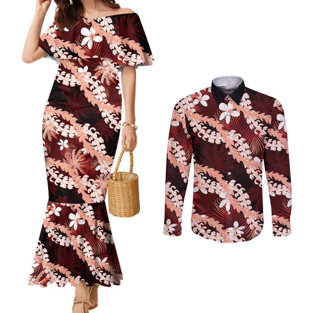 Puakenikeni Maile Lei Couples Matching Mermaid Dress and Long Sleeve Button Shirt Frangipani Red Tropical Leaves