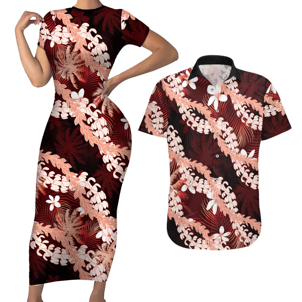 Puakenikeni Maile Lei Couples Matching Short Sleeve Bodycon Dress and Hawaiian Shirt Frangipani Red Tropical Leaves