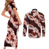 Puakenikeni Maile Lei Couples Matching Short Sleeve Bodycon Dress and Long Sleeve Button Shirt Frangipani Red Tropical Leaves
