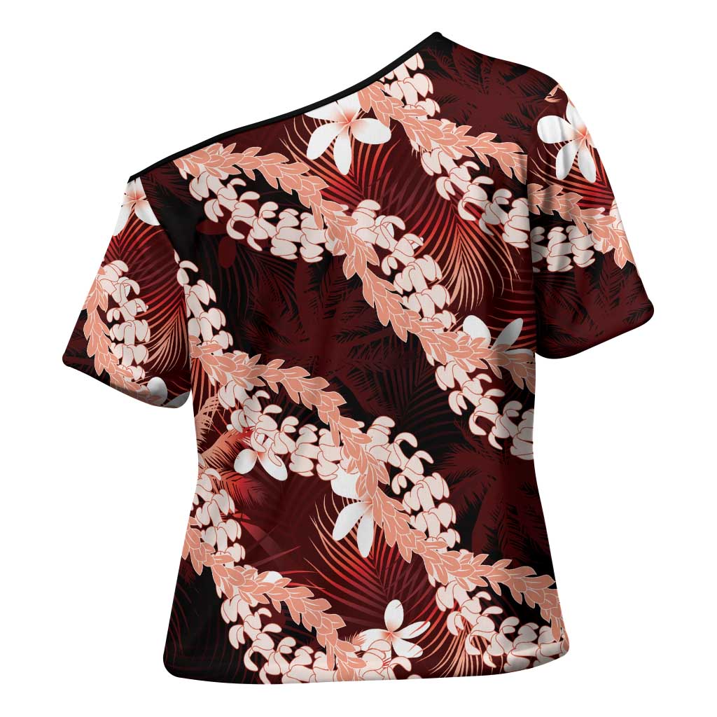 Puakenikeni Maile Lei Cross Shoulder Shirt Frangipani Red Tropical Leaves LT01 - Polynesian Pride