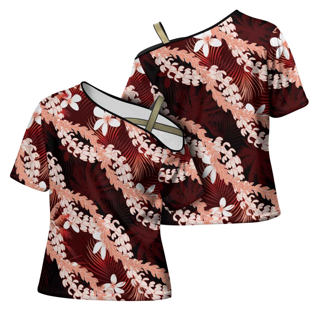 Puakenikeni Maile Lei Cross Shoulder Shirt Frangipani Red Tropical Leaves LT01 - Polynesian Pride