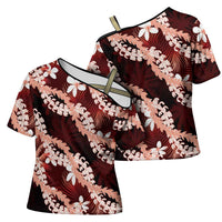 Puakenikeni Maile Lei Cross Shoulder Shirt Frangipani Red Tropical Leaves LT01 - Polynesian Pride