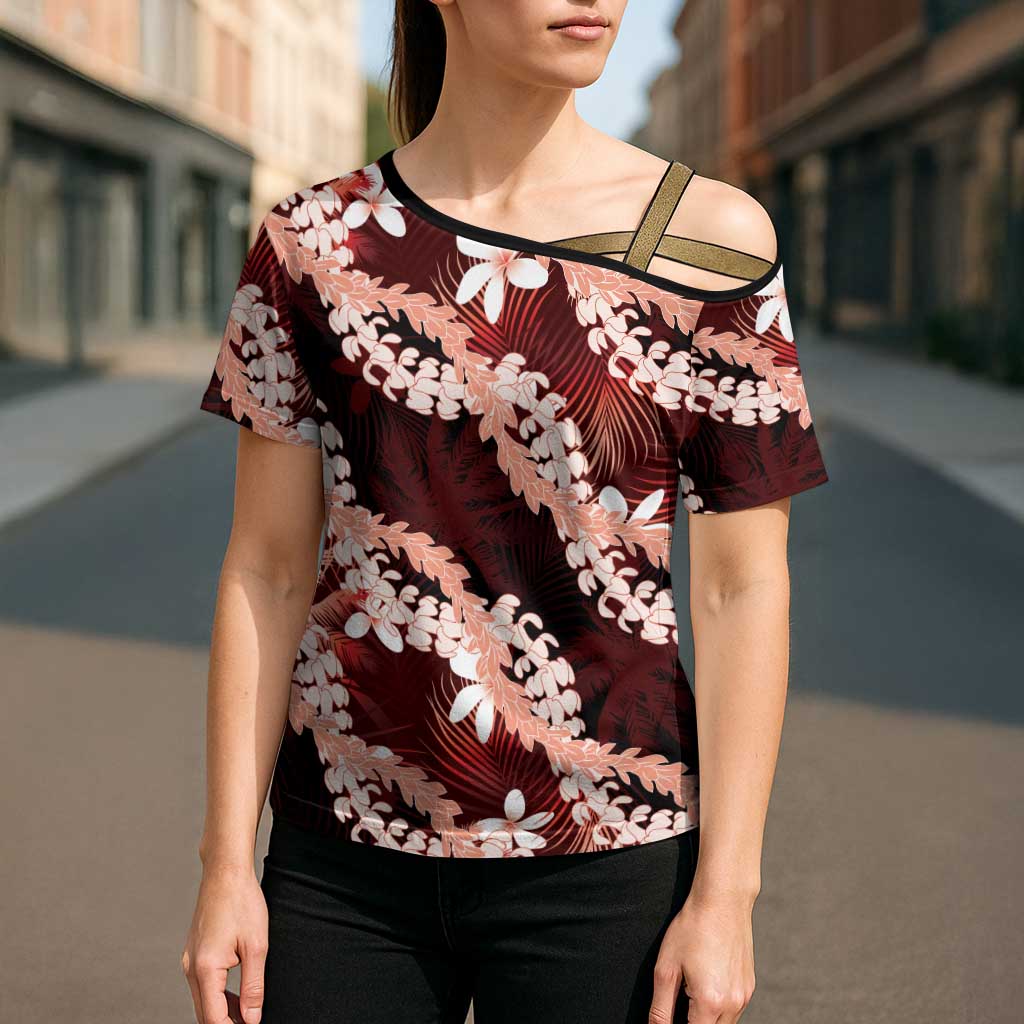 Puakenikeni Maile Lei Cross Shoulder Shirt Frangipani Red Tropical Leaves LT01 - Polynesian Pride