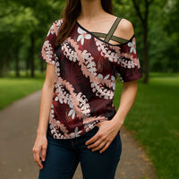 Puakenikeni Maile Lei Cross Shoulder Shirt Frangipani Red Tropical Leaves LT01 - Polynesian Pride