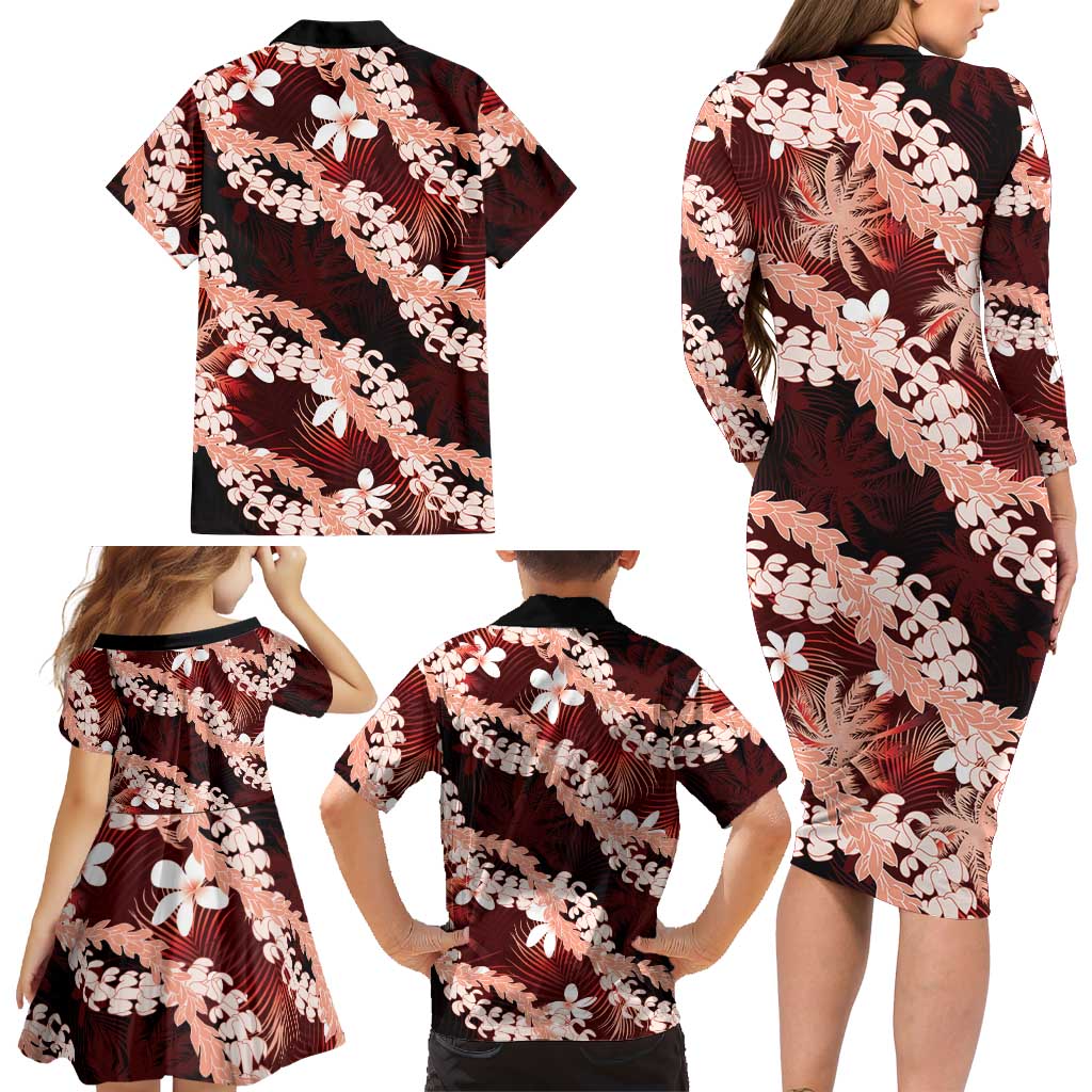 Puakenikeni Maile Lei Family Matching Long Sleeve Bodycon Dress and Hawaiian Shirt Frangipani Red Tropical Leaves