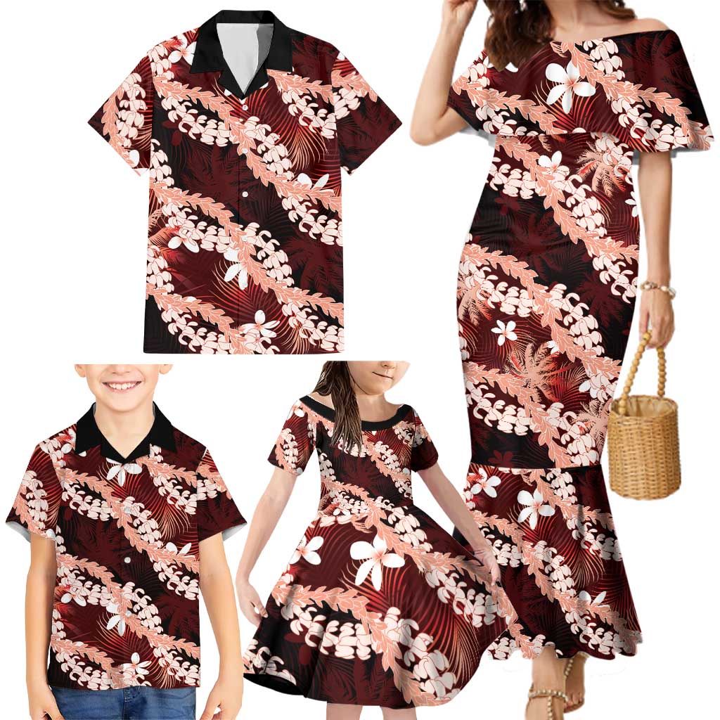 Puakenikeni Maile Lei Family Matching Mermaid Dress and Hawaiian Shirt Frangipani Red Tropical Leaves