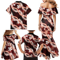 Puakenikeni Maile Lei Family Matching Mermaid Dress and Hawaiian Shirt Frangipani Red Tropical Leaves