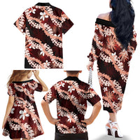 Puakenikeni Maile Lei Family Matching Off The Shoulder Long Sleeve Dress and Hawaiian Shirt Frangipani Red Tropical Leaves