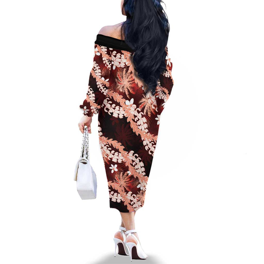 Puakenikeni Maile Lei Family Matching Off The Shoulder Long Sleeve Dress and Hawaiian Shirt Frangipani Red Tropical Leaves