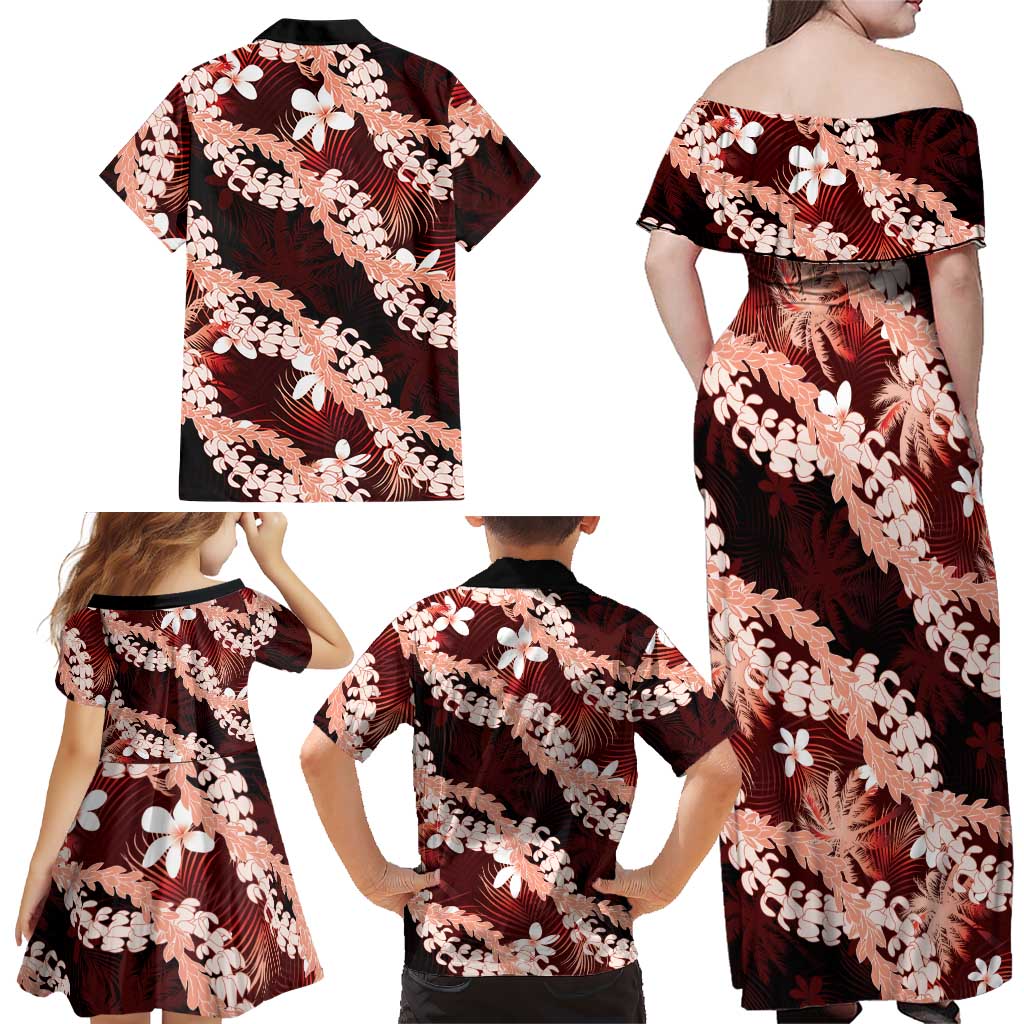 Puakenikeni Maile Lei Family Matching Off Shoulder Maxi Dress and Hawaiian Shirt Frangipani Red Tropical Leaves
