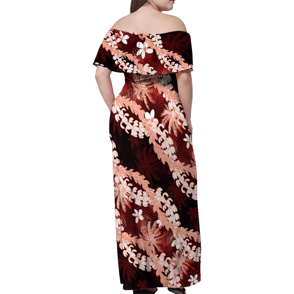 Puakenikeni Maile Lei Family Matching Off Shoulder Maxi Dress and Hawaiian Shirt Frangipani Red Tropical Leaves