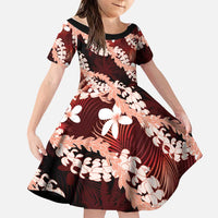 Puakenikeni Maile Lei Family Matching Off Shoulder Short Dress and Hawaiian Shirt Frangipani Red Tropical Leaves