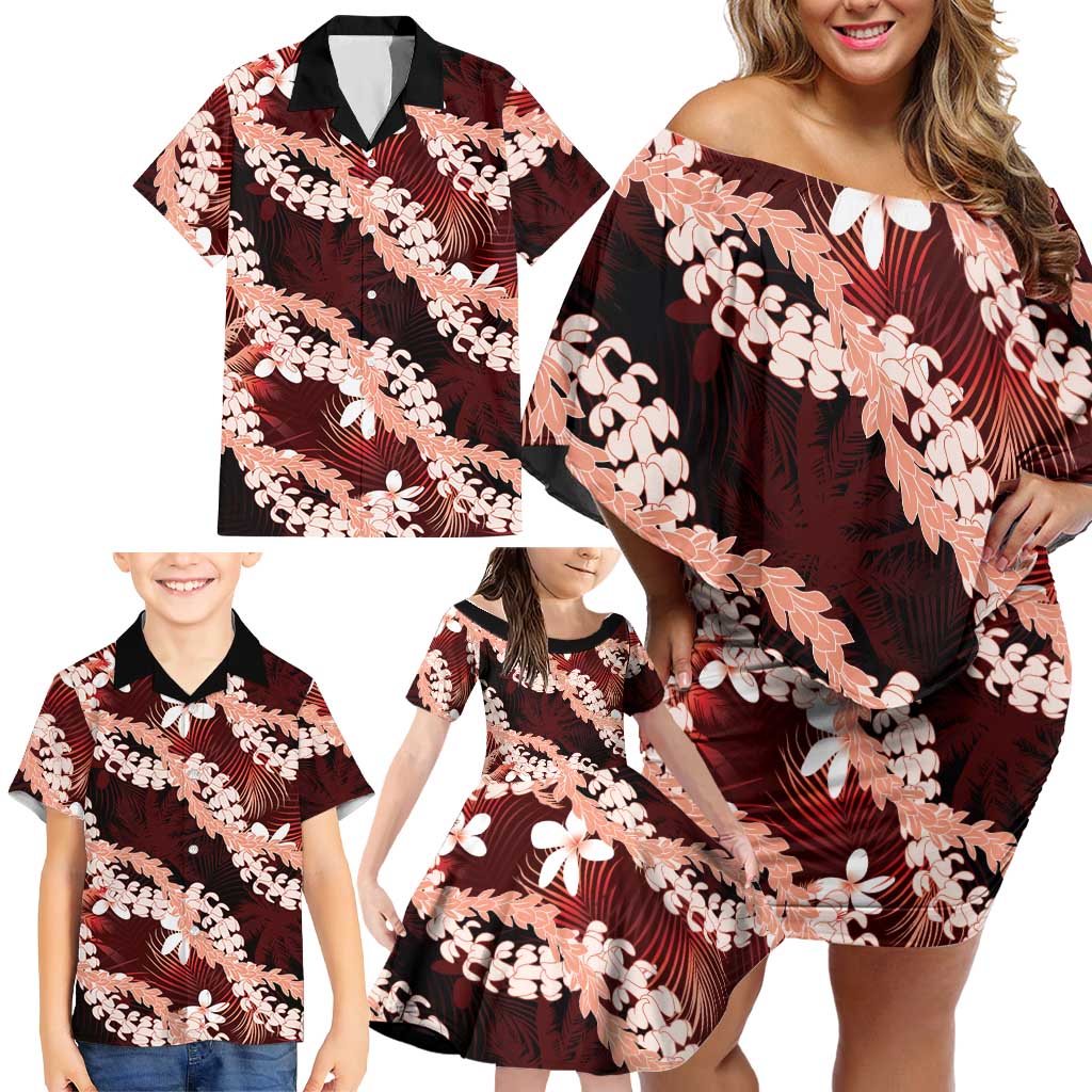 Puakenikeni Maile Lei Family Matching Off Shoulder Short Dress and Hawaiian Shirt Frangipani Red Tropical Leaves