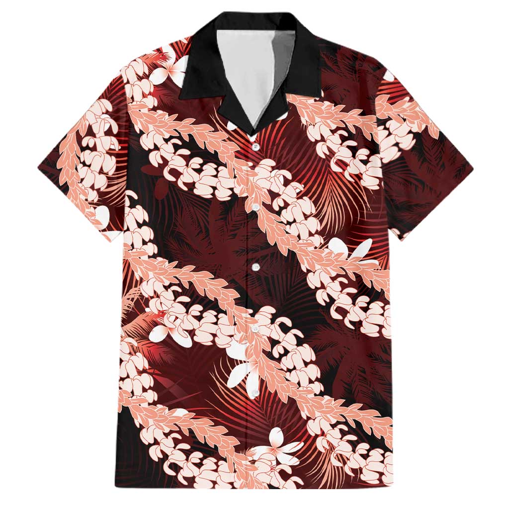 Puakenikeni Maile Lei Family Matching Off Shoulder Short Dress and Hawaiian Shirt Frangipani Red Tropical Leaves
