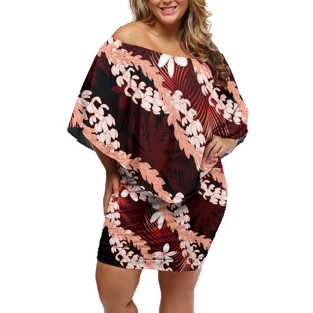 Puakenikeni Maile Lei Family Matching Off Shoulder Short Dress and Hawaiian Shirt Frangipani Red Tropical Leaves