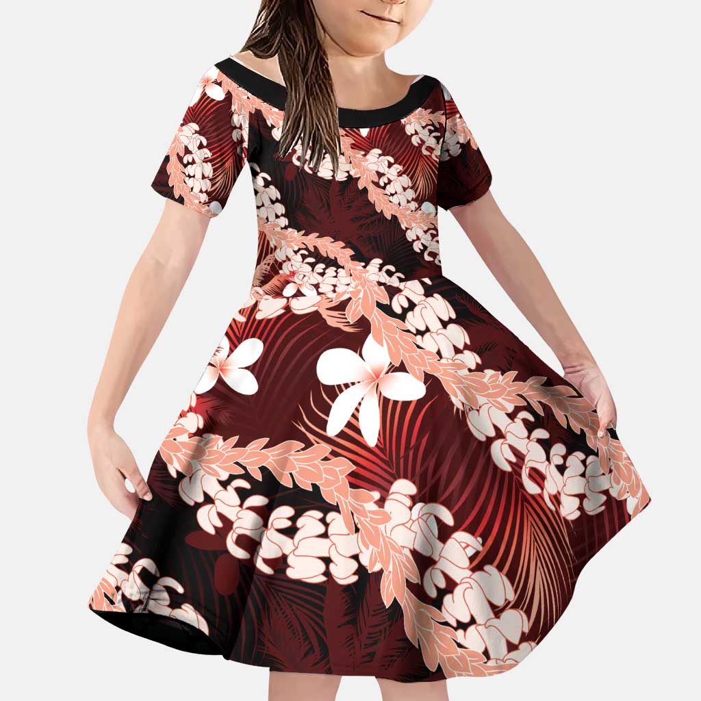 Puakenikeni Maile Lei Family Matching Short Sleeve Bodycon Dress and Hawaiian Shirt Frangipani Red Tropical Leaves