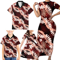 Puakenikeni Maile Lei Family Matching Short Sleeve Bodycon Dress and Hawaiian Shirt Frangipani Red Tropical Leaves