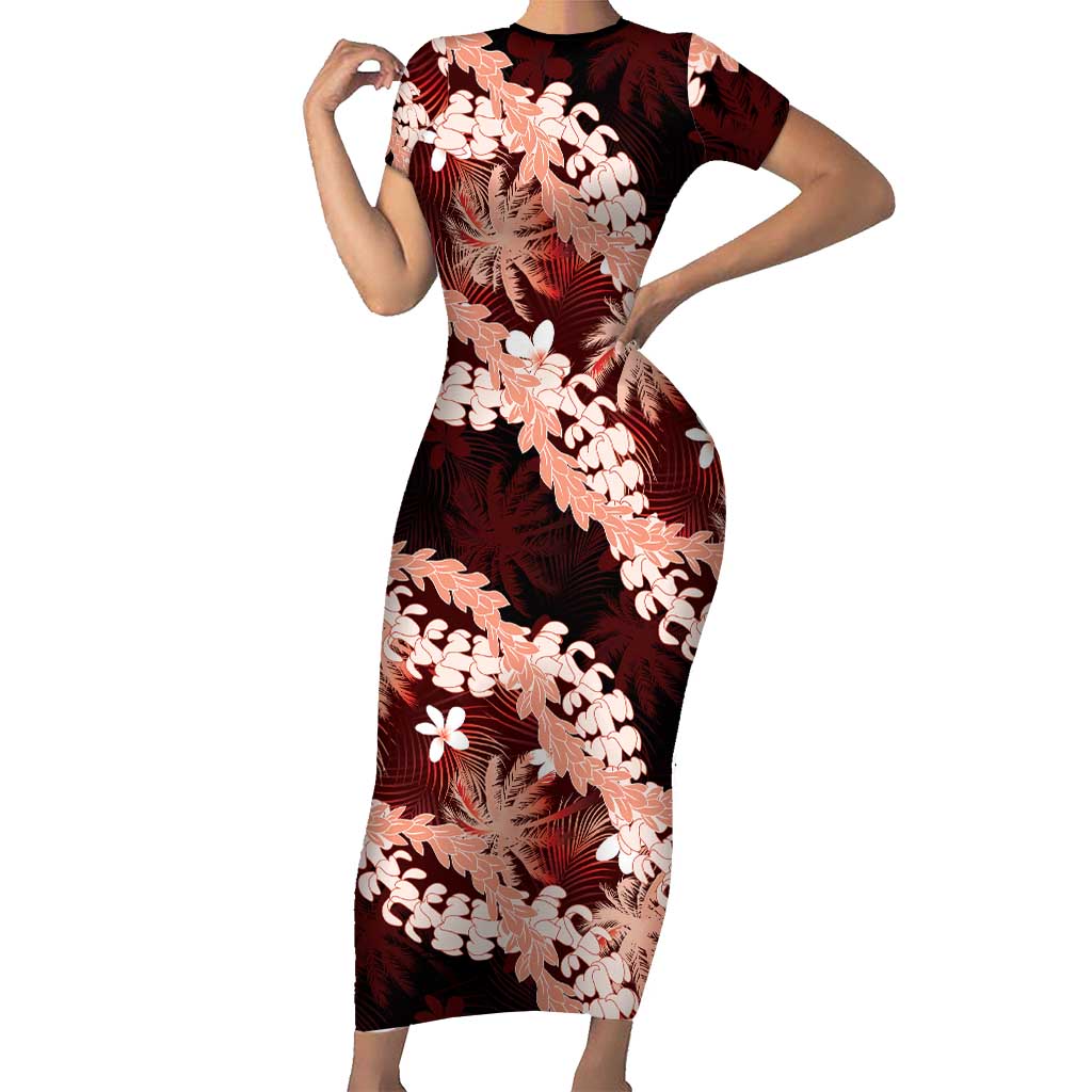 Puakenikeni Maile Lei Family Matching Short Sleeve Bodycon Dress and Hawaiian Shirt Frangipani Red Tropical Leaves
