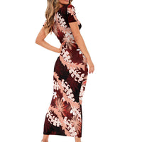 Puakenikeni Maile Lei Family Matching Short Sleeve Bodycon Dress and Hawaiian Shirt Frangipani Red Tropical Leaves
