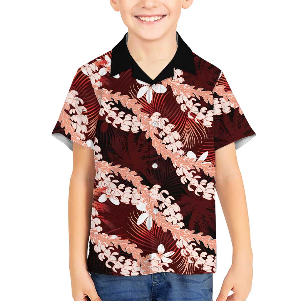 Puakenikeni Maile Lei Family Matching Short Sleeve Bodycon Dress and Hawaiian Shirt Frangipani Red Tropical Leaves