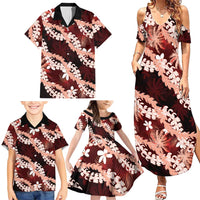 Puakenikeni Maile Lei Family Matching Summer Maxi Dress and Hawaiian Shirt Frangipani Red Tropical Leaves