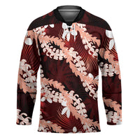 Puakenikeni Maile Lei Hockey Jersey Frangipani Red Tropical Leaves LT01 Unisex Red - Polynesian Pride