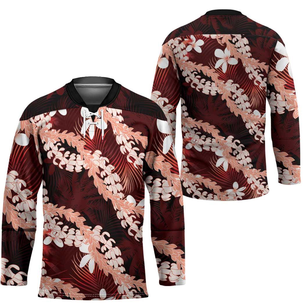 Puakenikeni Maile Lei Hockey Jersey Frangipani Red Tropical Leaves LT01 - Polynesian Pride