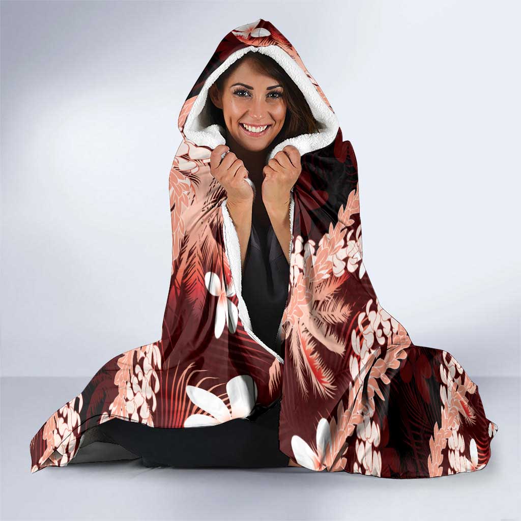 Puakenikeni Maile Lei Hooded Blanket Frangipani Red Tropical Leaves LT01 - Polynesian Pride