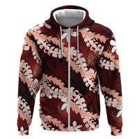 Puakenikeni Maile Lei Hoodie Frangipani Red Tropical Leaves LT01 Zip Hoodie Red - Polynesian Pride