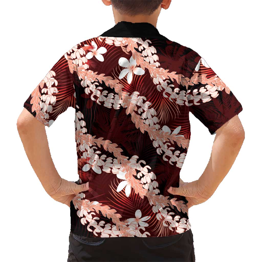 Puakenikeni Maile Lei Kid Hawaiian Shirt Frangipani Red Tropical Leaves