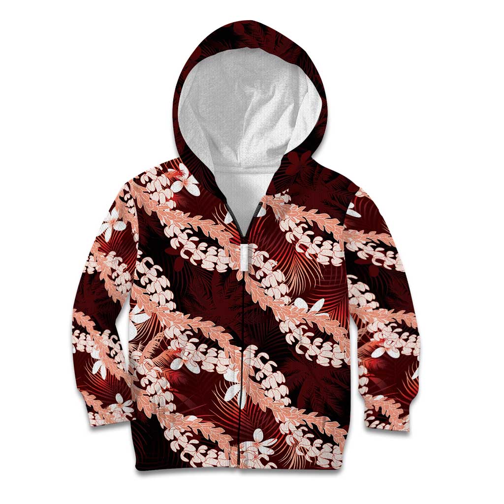 Puakenikeni Maile Lei Kid Hoodie Frangipani Red Tropical Leaves LT01 Zip Hoodie Red - Polynesian Pride