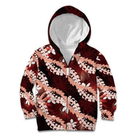 Puakenikeni Maile Lei Kid Hoodie Frangipani Red Tropical Leaves LT01 Zip Hoodie Red - Polynesian Pride