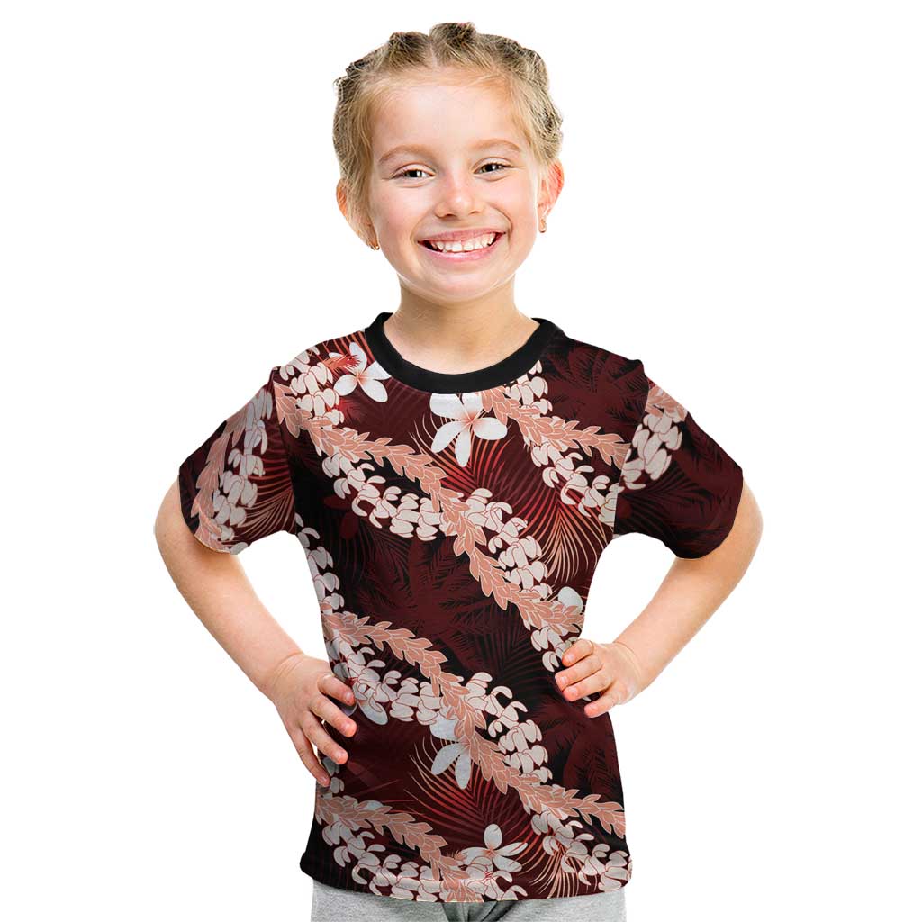 Puakenikeni Maile Lei Kid T Shirt Frangipani Red Tropical Leaves LT01 Red - Polynesian Pride