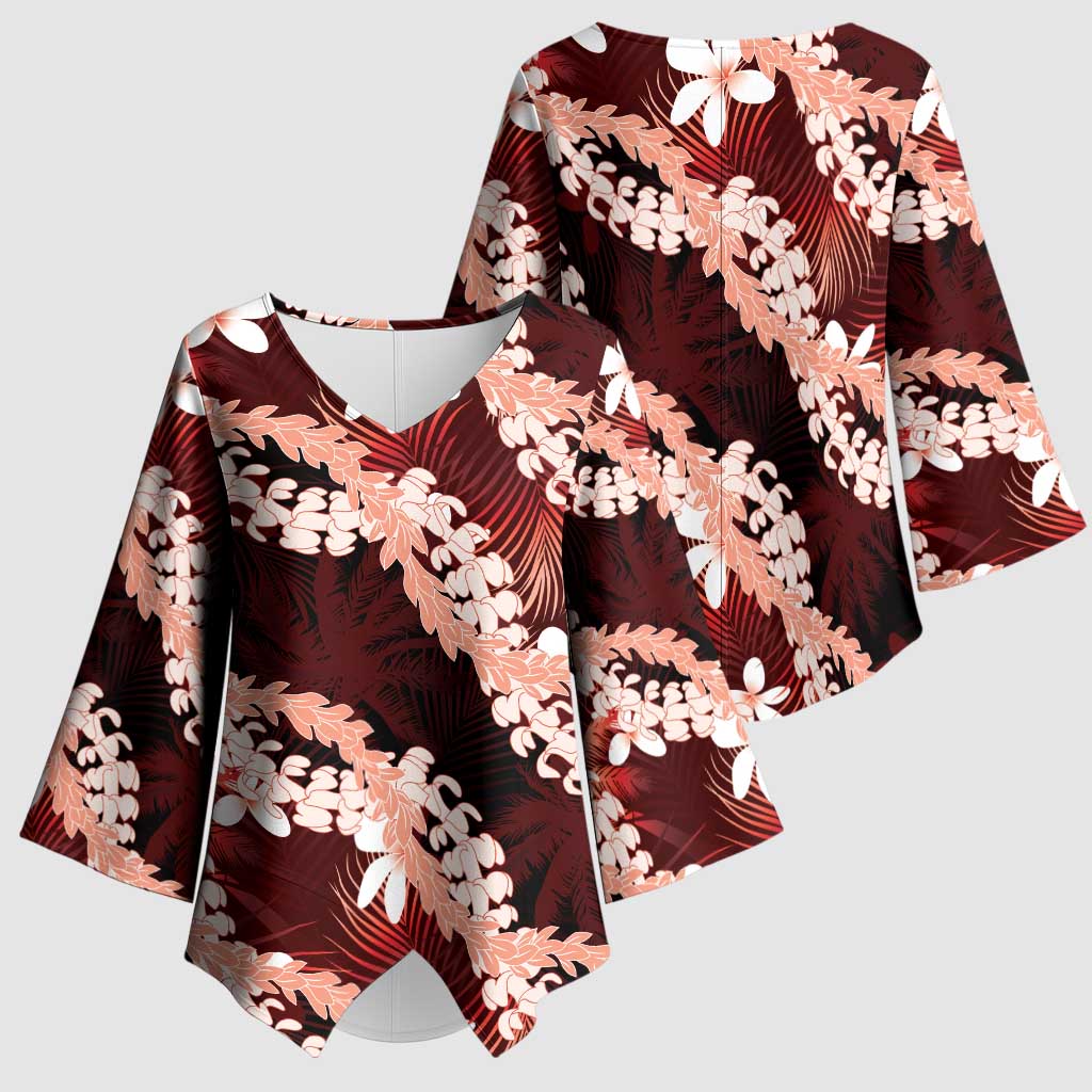 Puakenikeni Maile Lei Kimono Sleeve Blouse Frangipani Red Tropical Leaves LT01 - Polynesian Pride