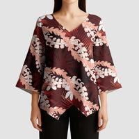 Puakenikeni Maile Lei Kimono Sleeve Blouse Frangipani Red Tropical Leaves LT01 - Polynesian Pride