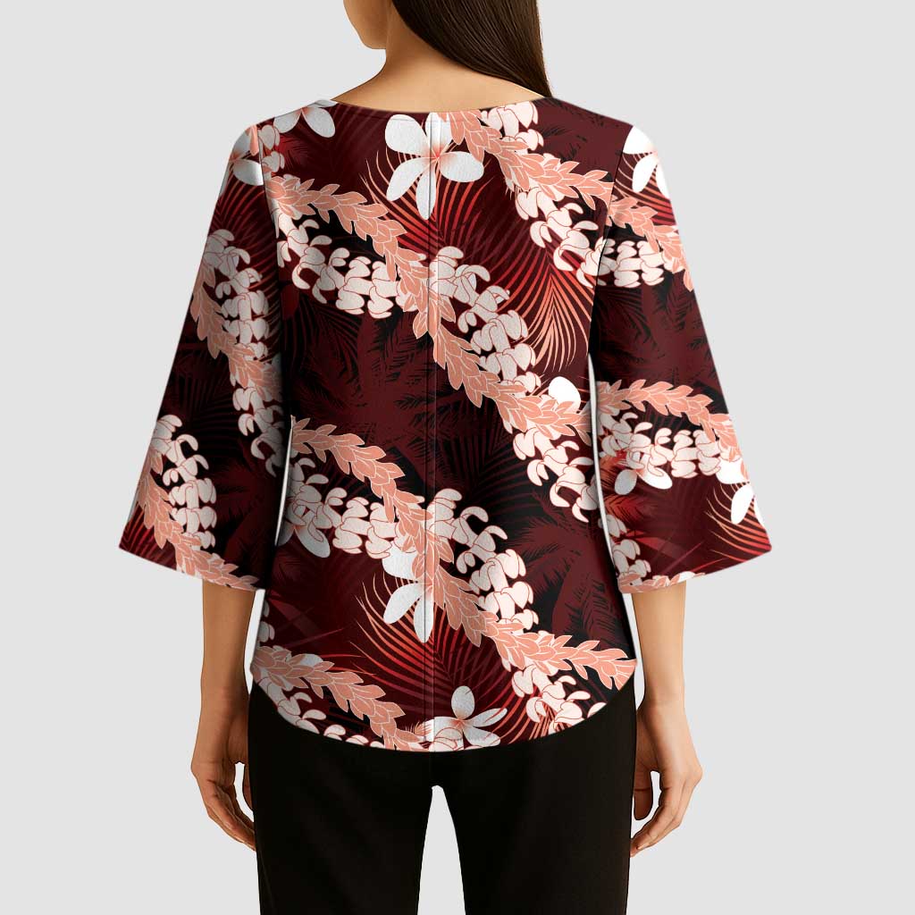 Puakenikeni Maile Lei Kimono Sleeve Blouse Frangipani Red Tropical Leaves LT01 - Polynesian Pride