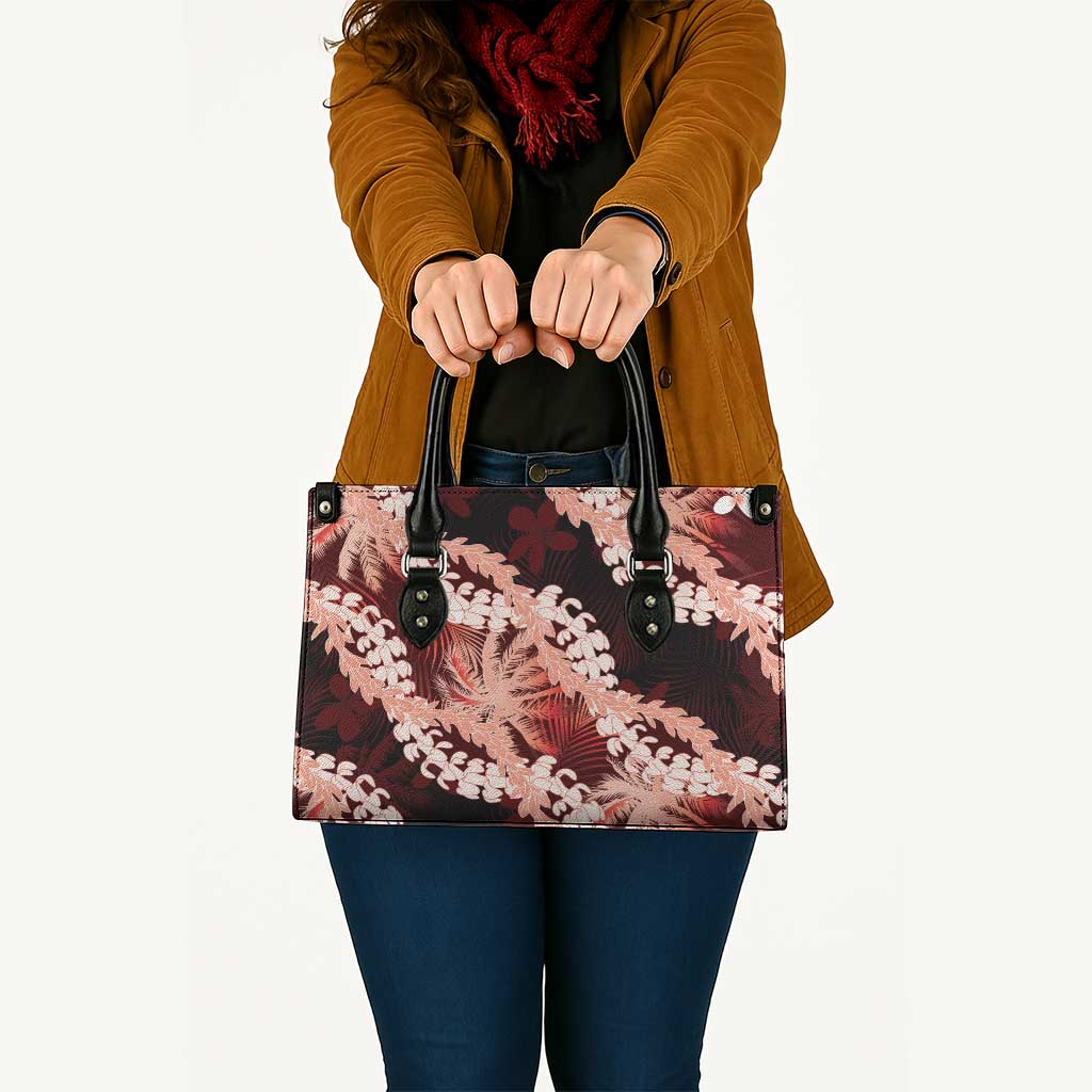 Puakenikeni Maile Lei Leather Bag Frangipani Red Tropical Leaves LT01 - Polynesian Pride