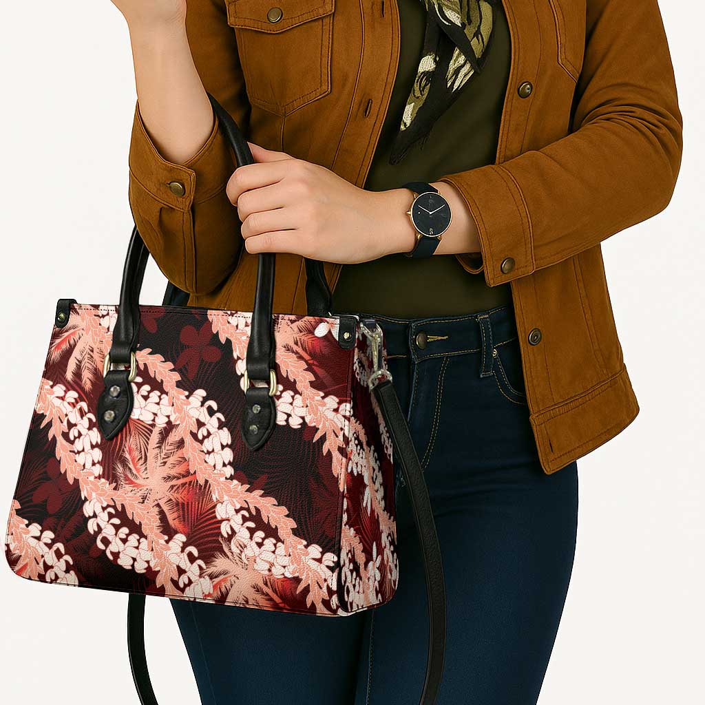 Puakenikeni Maile Lei Leather Bag Frangipani Red Tropical Leaves LT01 - Polynesian Pride