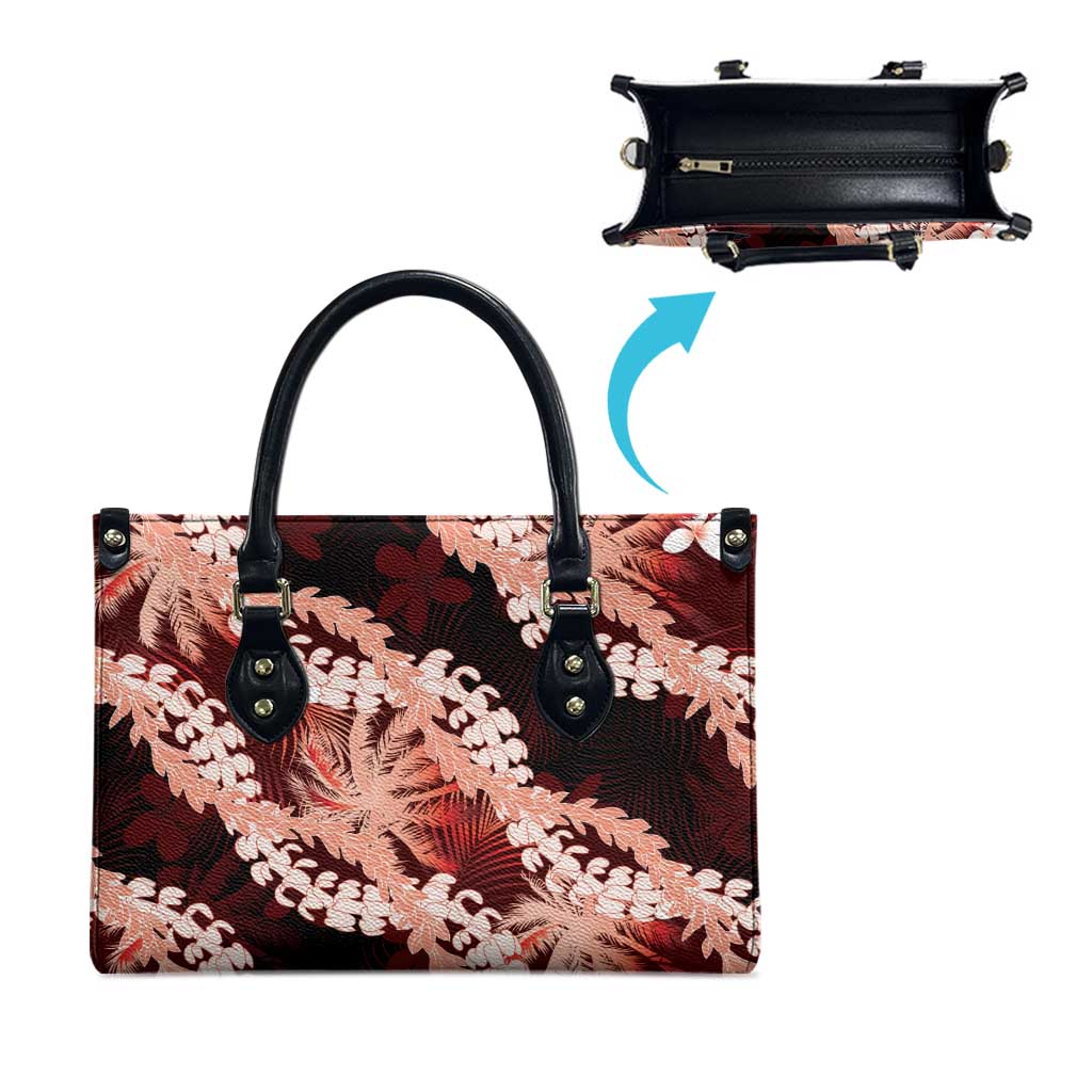 Puakenikeni Maile Lei Leather Bag Frangipani Red Tropical Leaves LT01 - Polynesian Pride