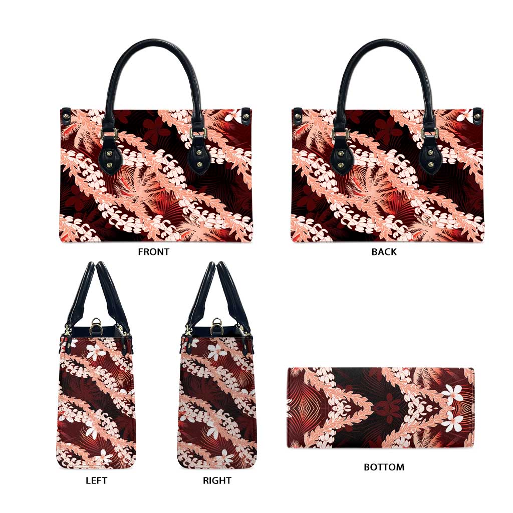 Puakenikeni Maile Lei Leather Bag Frangipani Red Tropical Leaves LT01 - Polynesian Pride