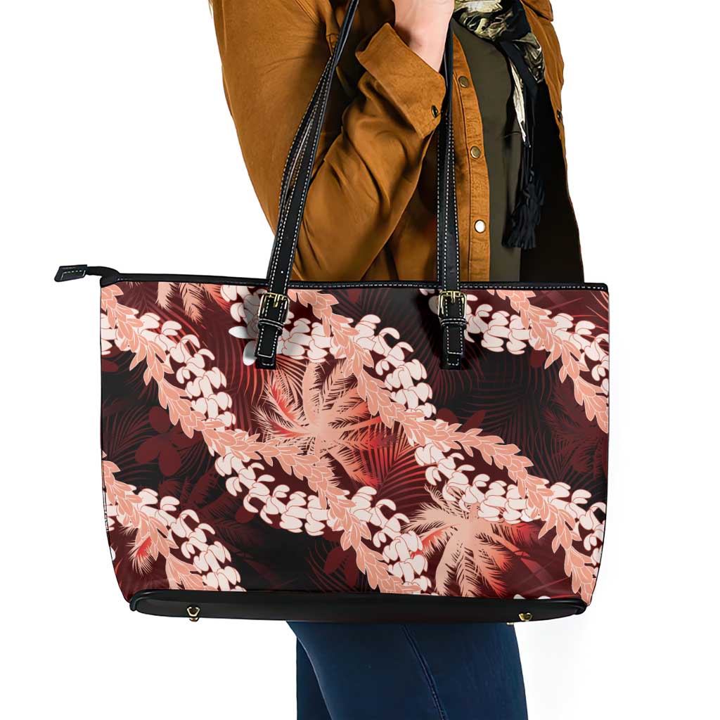 Puakenikeni Maile Lei Leather Tote Bag Frangipani Red Tropical Leaves LT01 - Polynesian Pride