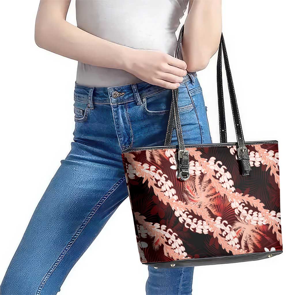 Puakenikeni Maile Lei Leather Tote Bag Frangipani Red Tropical Leaves LT01 - Polynesian Pride