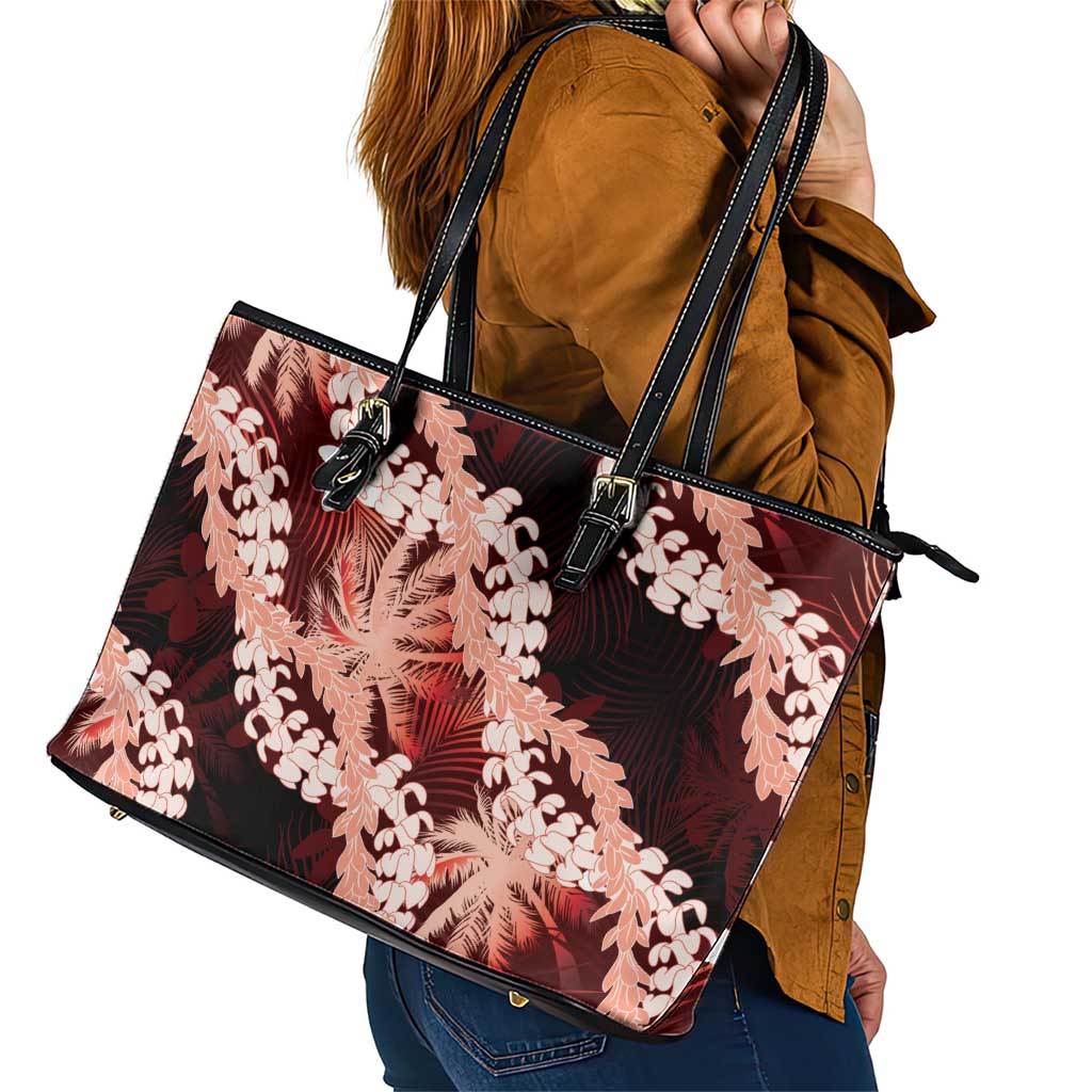 Puakenikeni Maile Lei Leather Tote Bag Frangipani Red Tropical Leaves LT01 - Polynesian Pride